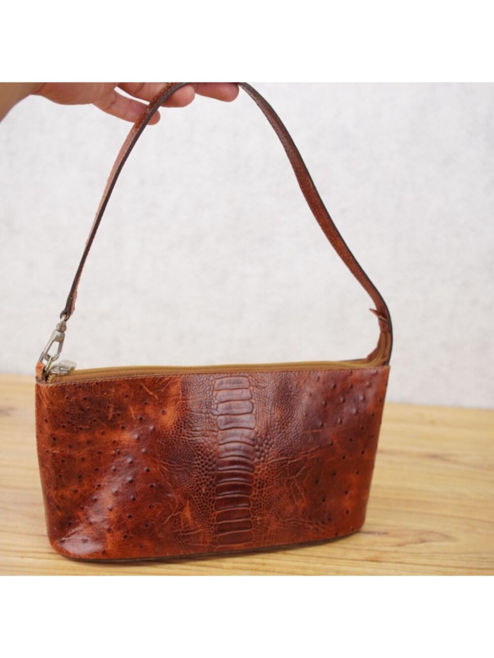 Prune Womens Brown Ostrich Leather HandBag Stylish Shoulder Bag Zippered Pouch - Picture 9 of 15
